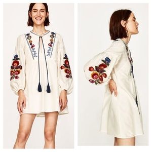 Zara Floral Embroidered blend dress ivory NWOT